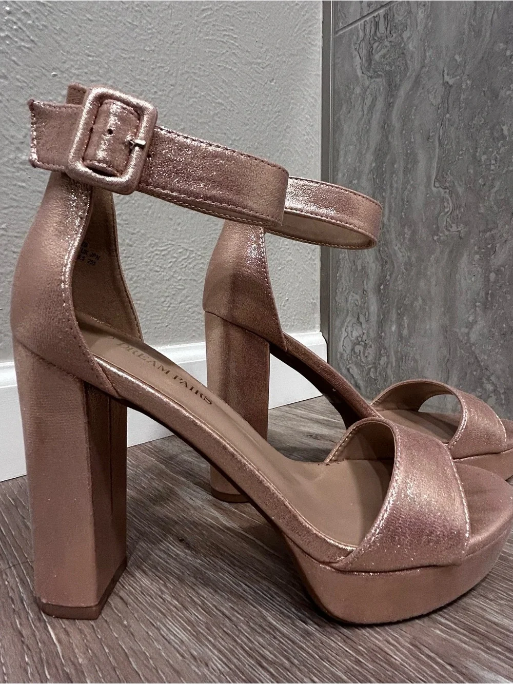 Platform Ankle-Strap High Heels in Rose Gold size 8.5